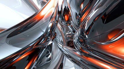 3D rendering of a bunch of glossy tubes. The tubes are intertwined and form an abstract pattern. The colors of the tubes are silver, gray and orange.