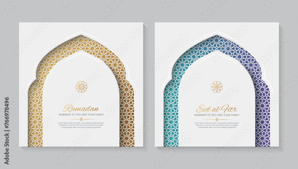 Wall mural Ramadan and Eid white ornamental greeting cards with Islamic pattern and decorative arch frame