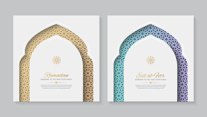 Ramadan and Eid white ornamental greeting cards with Islamic pattern and decorative arch frame