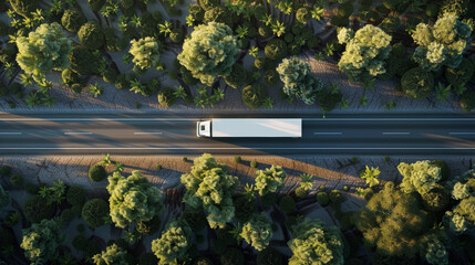 White truck with a Semi Truck is driving along the highway, aerial shot. Drone view. Cargo transport. Logistics Industry