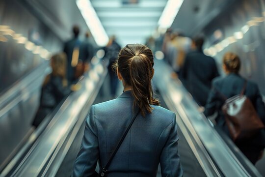 businesswoman, from the back, wearing a business suit on an escalator crowded with people on her way to work - Powered by Adobe