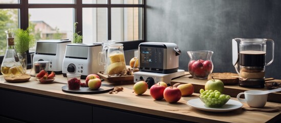 Blender, toaster, multi cooker and apple on wooden table in kitchen
