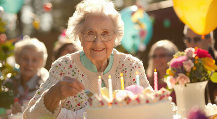 a senior woman at an outdoor garden party, smiling while holding up her birthday cake with candles being set on it in the style of friends and family around the table - obrazy, fototapety, plakaty