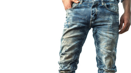 A trendy pair of men's distressed denim, adding a touch of rugged sophistication to any ensemble, their worn-in look and rugged charm highlighted against a seamless white background