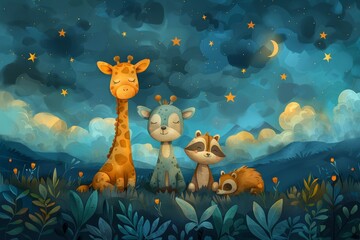 Fototapeta premium A blue sky, clouds, stars, and moon in blue with giraffes, sloths, and raccoons sleeping baby animals illustration for nursery decor