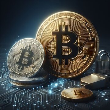 Gleaming Bitcoin tokens stand on a futuristic digital landscape, representing the intersection of finance and technology. The image symbolizes the digital revolution of currency in the information age