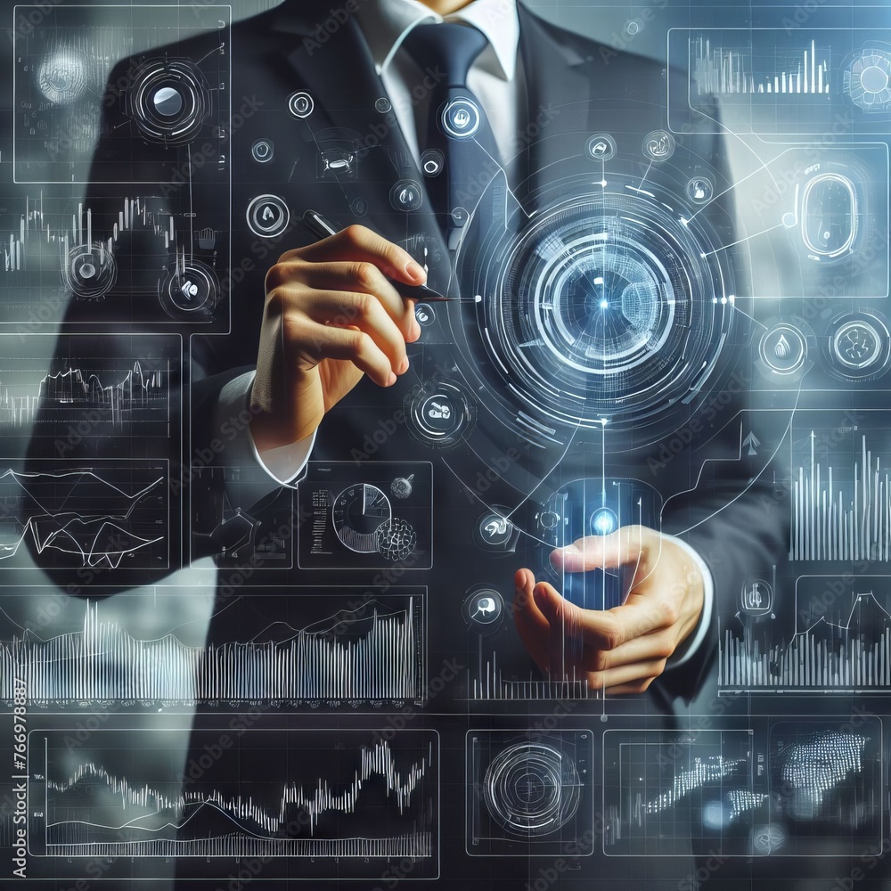 Poster a businessman interacts with a futuristic holographic data interface, showcasing graphs and analytic
