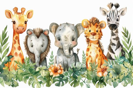 A watercolor illustration of safari animals, featuring baby elephants, lions, tigers, zebras, rhinoceros, and giraffes