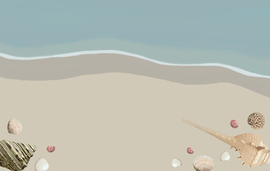 Top view of sandy beach with waves and variety of beautiful seashells. Summer, relax copy space banner flat lay.