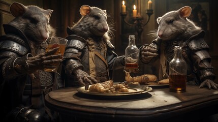 Armored rat knights sharing toast over meal ai generated anthropomorphic scene - obrazy, fototapety, plakaty