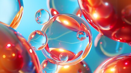 3D rendering of a group of transparent spheres with red and blue highlights on a blue background.
