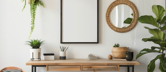 A contemporary Scandinavian interior featuring a mock-up photo frame, stylish office accessories, and plants placed on a wooden desk. An elegant mirror hangs on the white wall,