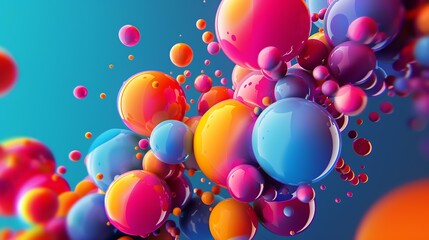 3D rendering of a colorful cluster of glossy spheres. The spheres are of various sizes and colors, and they appear to be floating in a blue void.