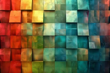 Abstract background of varying shades of rainbow colors, made up of squares of different sizes and depths