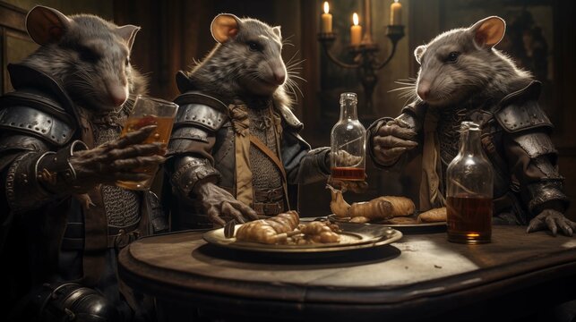 Armored rat knights sharing toast over meal ai generated anthropomorphic scene