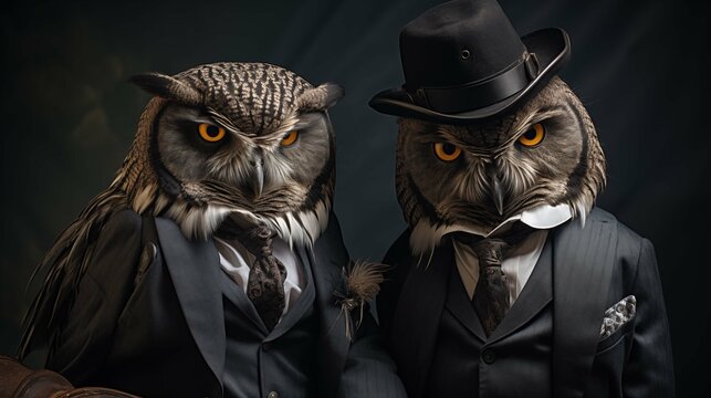 Elegant owls dressed in formal suits ai generated anthropomorphic scene