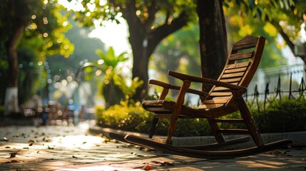 Tranquil Park Scene with Comfortable Wooden Deck Chairs Under Towering Trees - obrazy, fototapety, plakaty