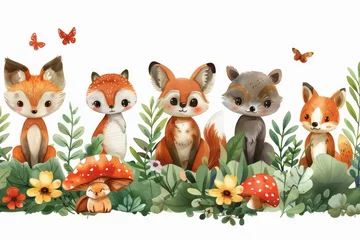 Foto auf gebürstetem Alu-Dibond Boho-Tiere Animals in the forest watercolor illustration template for babies