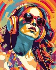 Vibrant Pop Art Portrait of a Pretty Ginger Woman with Headphones and Sunglasses - obrazy, fototapety, plakaty