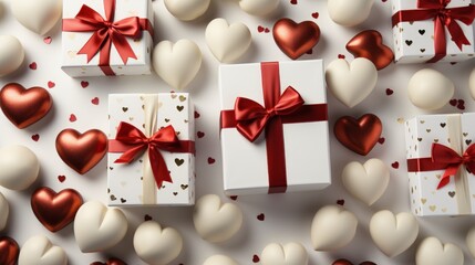 white gift boxes with bow and red felt hearts, photo template, background. Top View