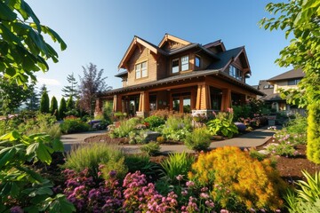 Fototapeta na wymiar Northwest Style: Backyard View of a Cozy Craftsman Home Exterior