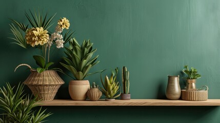 Modern Living Room Interior with Wooden Shelf and Flower Wall Decor. Green Wall Background with Copy Space. 3D Rendering