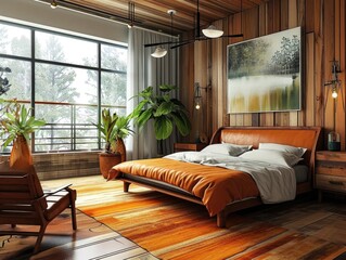 Retro Farmhouse Bedroom Interior Design with Cozy Rustic Vibes - obrazy, fototapety, plakaty
