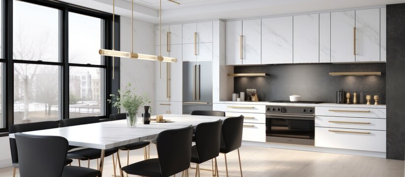 Fototapeta interior design spacious bright studio apartment in Scandinavian style and warm pastel white and beige colors.