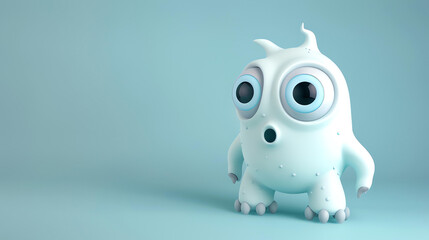 3D rendering of a cute and friendly cartoon monster with big eyes and a surprised expression on its...