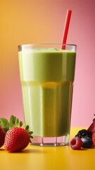 A glass of green juice with a straw in it and a bunch of strawberries on the table. The juice is a healthy drink and the strawberries add a touch of sweetness to the drink