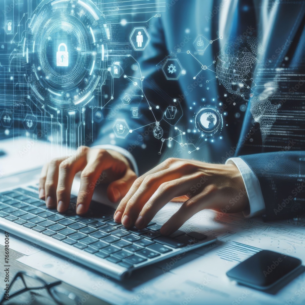 Poster a cybersecurity expert works on a laptop amidst digital graphics of locks and network concepts. the 
