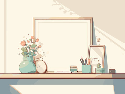 Vector illustration of a picture frame, a vase with flowers, a clock