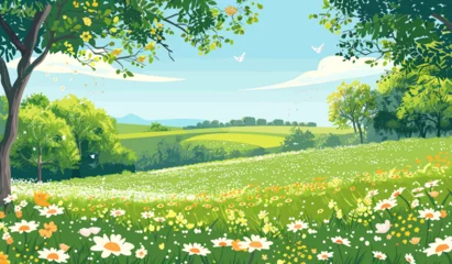 Foto op Canvas a painting of a field of flowers and trees © TTh