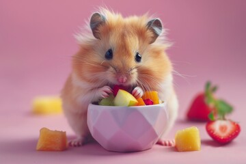Adorable hamster enjoying a fruit salad on a pink background