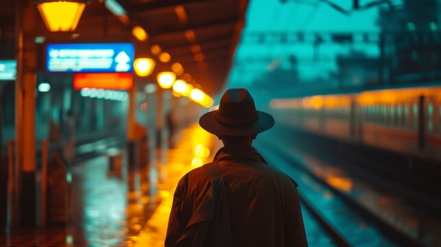Mysterious man in hat and trench coat standing in front of train station at night under dimly lit sky