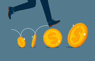 Man running on gold coins arranged in a row. Extensive financial or economic growth. Profit from the stock market or investment. Flat vector illustration