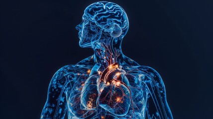 Illuminated blue human vasculature and heart anatomy.