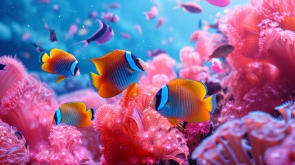 Vibrant coral reef scene with tropical fish swimming among pink anemones