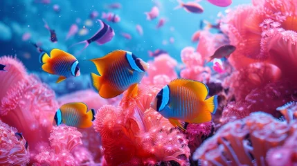 Poster Vibrant coral reef scene with tropical fish swimming among pink anemones © Georgii