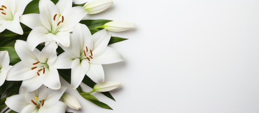 Blank funeral frame and lily flowers on white background