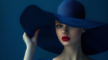 Stylish woman wearing yellow hat with navy lips in vintage studio portrait