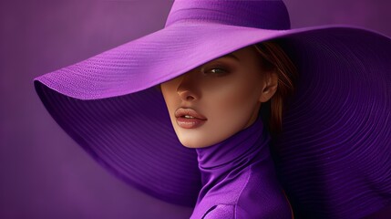Stylish woman wearing yellow hat with purple lips in vintage studio portrait