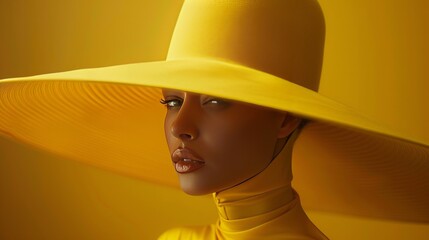 Stylish woman wearing yellow hat with red lips in vintage studio portrait