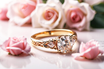 A stunning diamond engagement ring presented with pink roses, symbolizing love and commitment