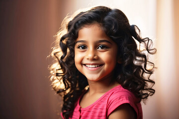 A sweet girl with dark, curly hair beams in sunlight with a warm backdrop