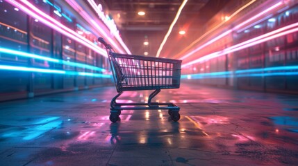 Neon-lit empty shopping cart in futuristic alley