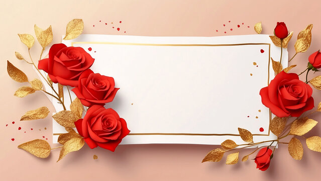 This captivating image features vibrant red roses with golden leaves on a soft pink background, perfect for elegant invitations