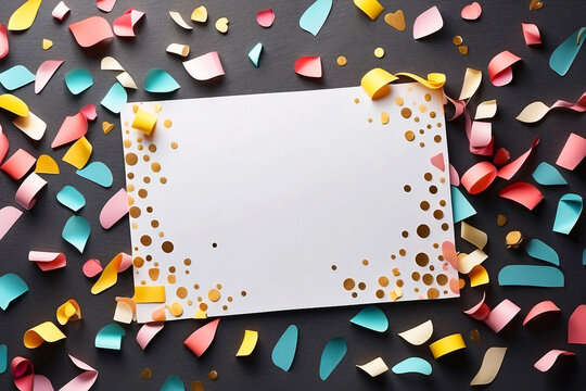 An image featuring a festive arrangement of colorful confetti and paper streamers around a blank white frame on a dark surface