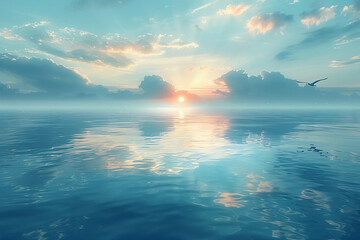 calm body of water reflecting the serene sky above. In the distance. AI generative