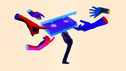 Contemporary art collage. Person with cassette tape body, colorful hands gesturing. Vintage...